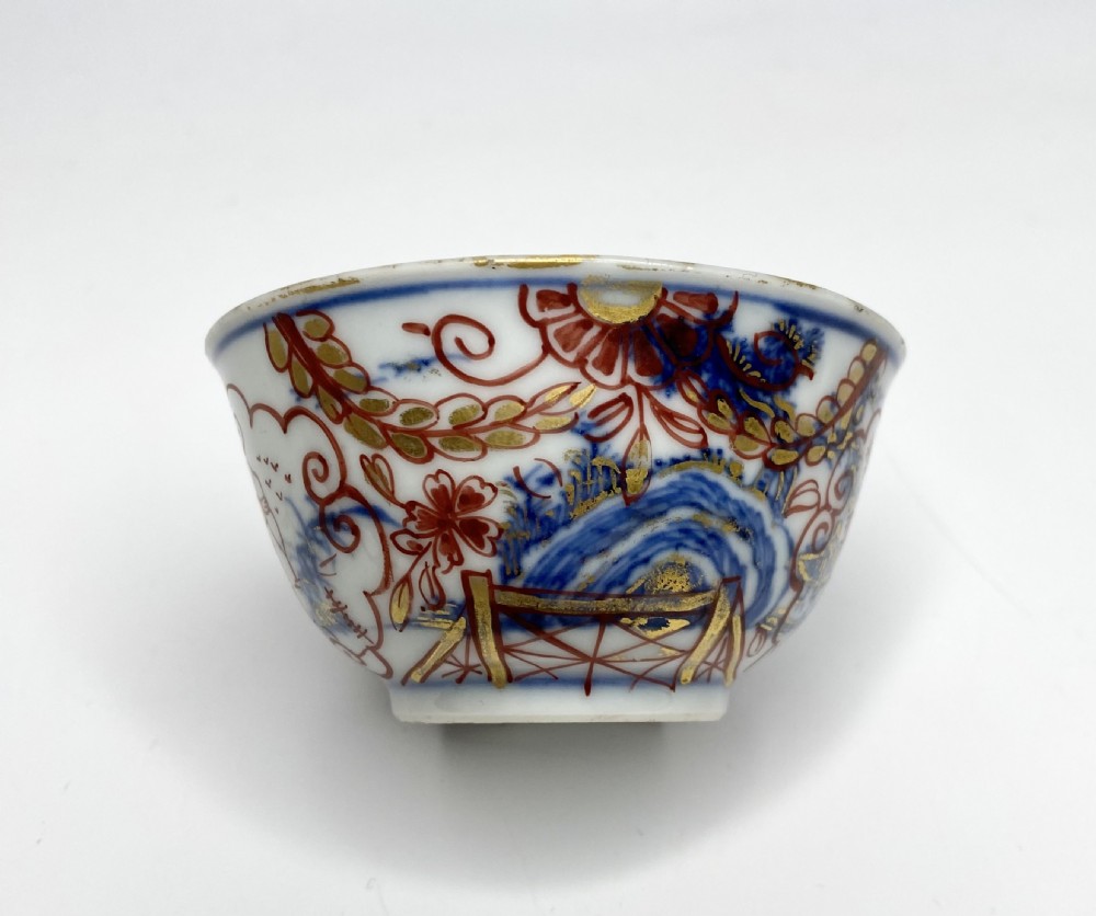An 18th-century Chinese export porcelain tea bowl and saucer with red, gold, and blue Amsterdams Bont enamel decoration. View VI