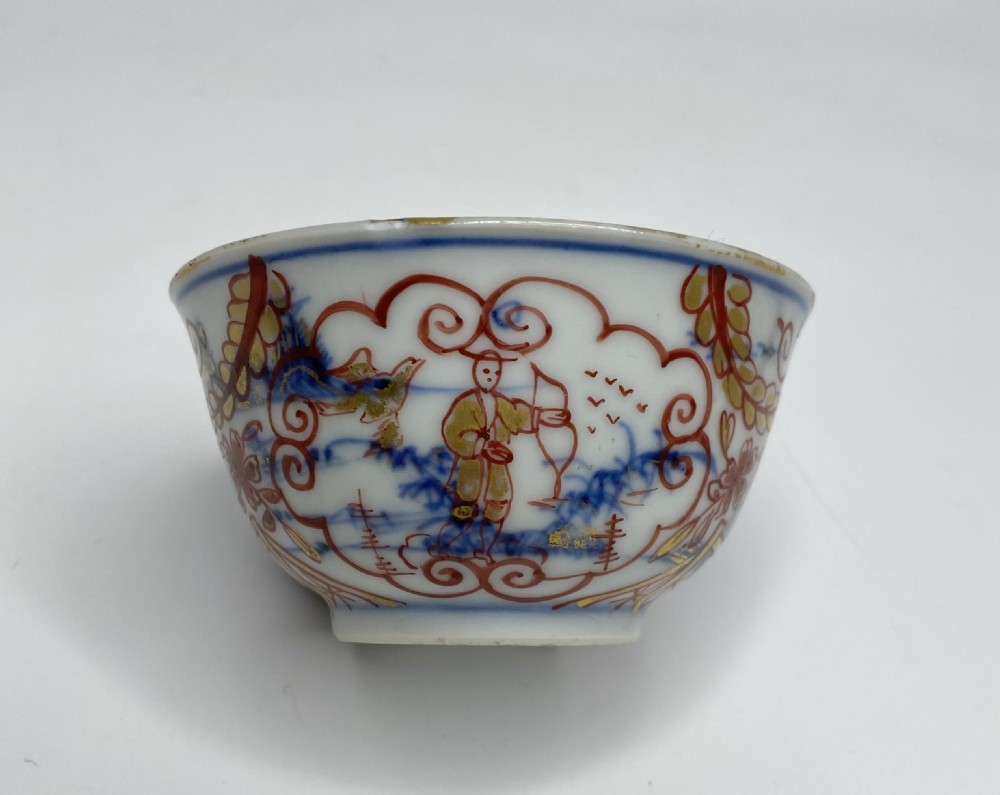 An 18th-century Chinese export porcelain tea bowl and saucer with red, gold, and blue Amsterdams Bont enamel decoration. View VII