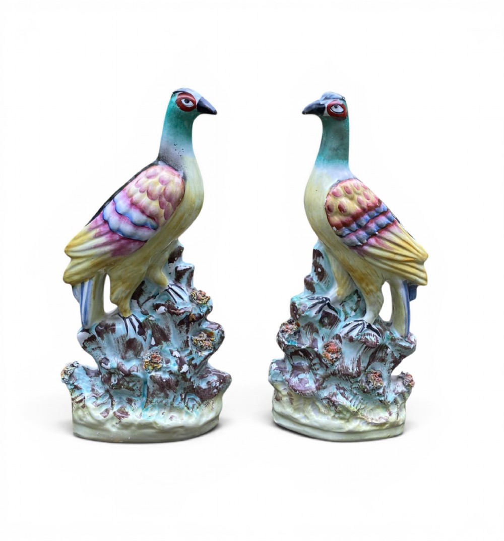 Pair Staffordshire pottery pigeons, c. 1860.