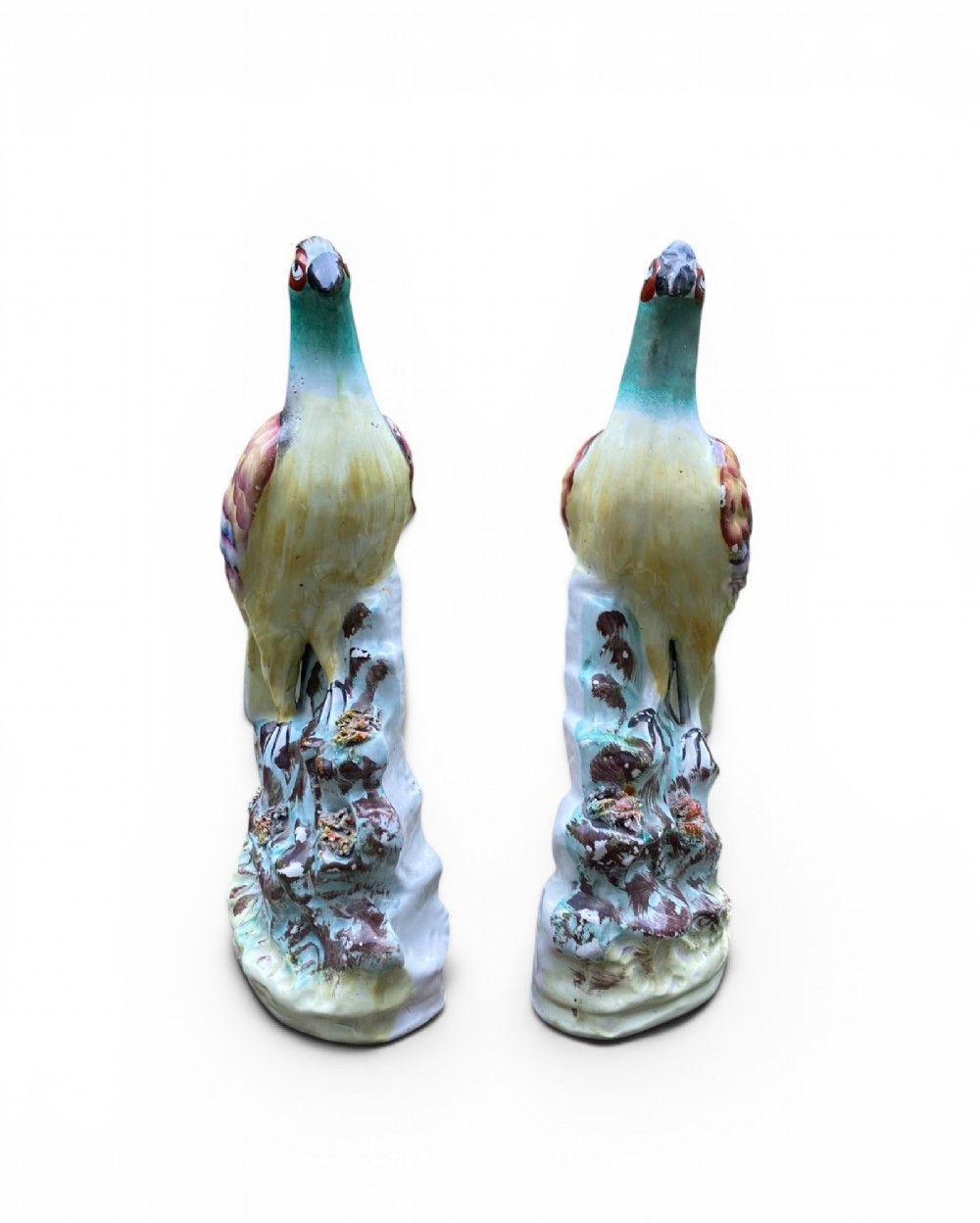 Pair Staffordshire pottery pigeons, c. 1860. View II