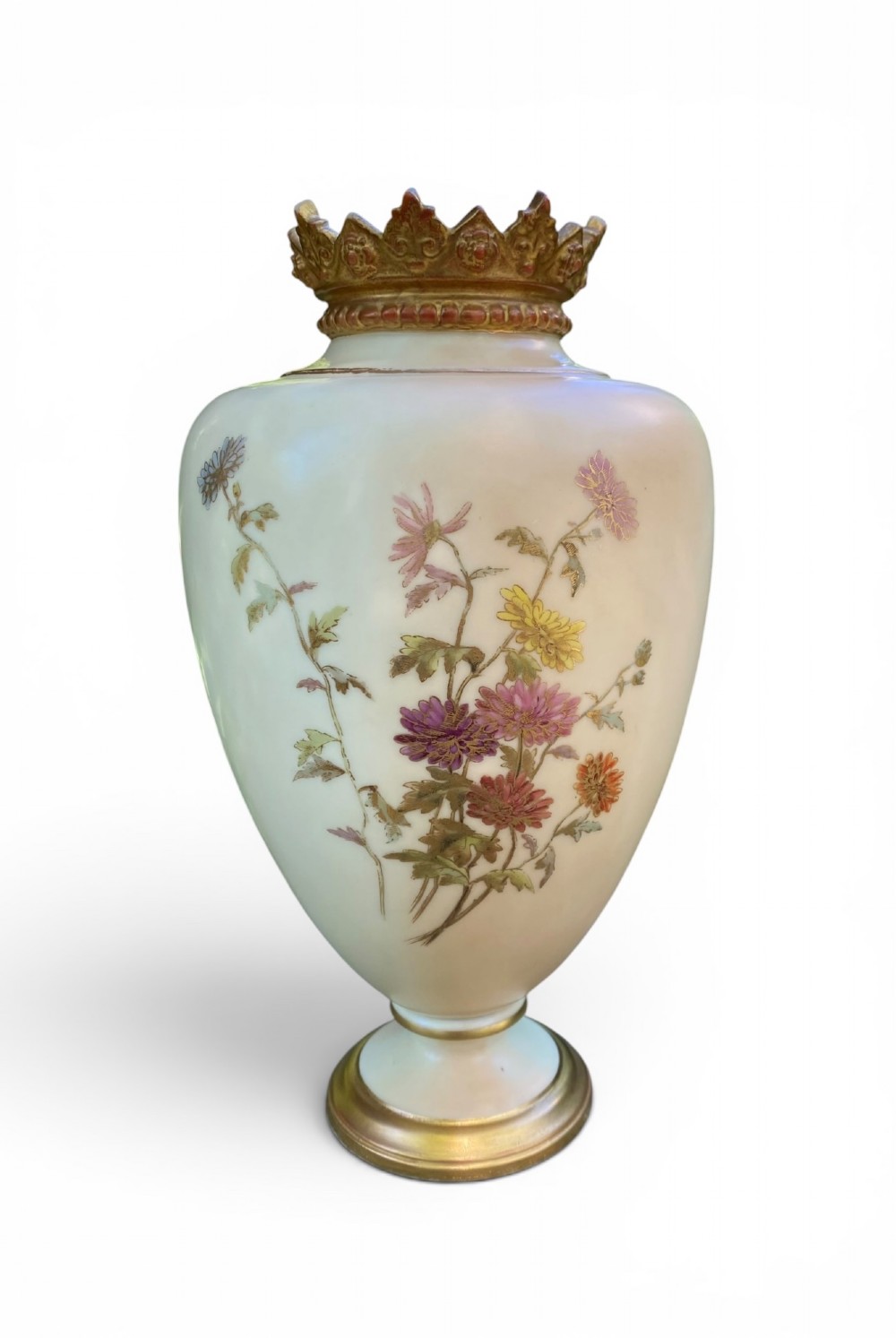 An urn-shaped ivory porcelain vase featuring hand-painted botanical chrysanthemum flowers, an ornate pierced crown rim, and gilded accents. View IV