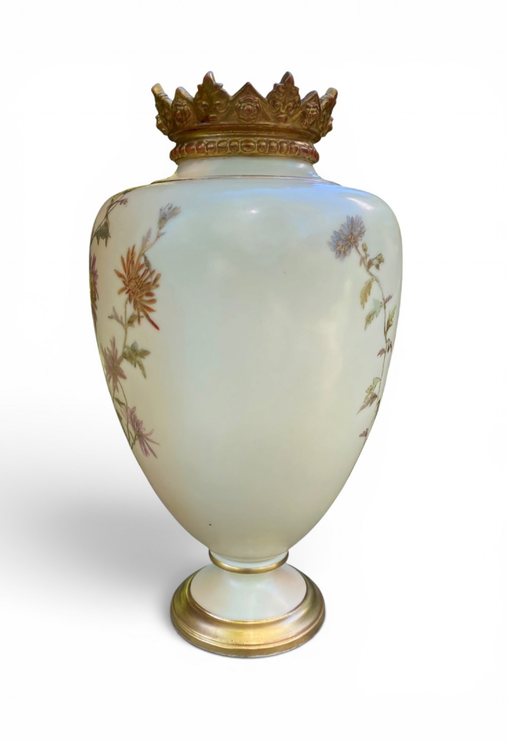 An urn-shaped ivory porcelain vase featuring hand-painted botanical chrysanthemum flowers, an ornate pierced crown rim, and gilded accents. View VI