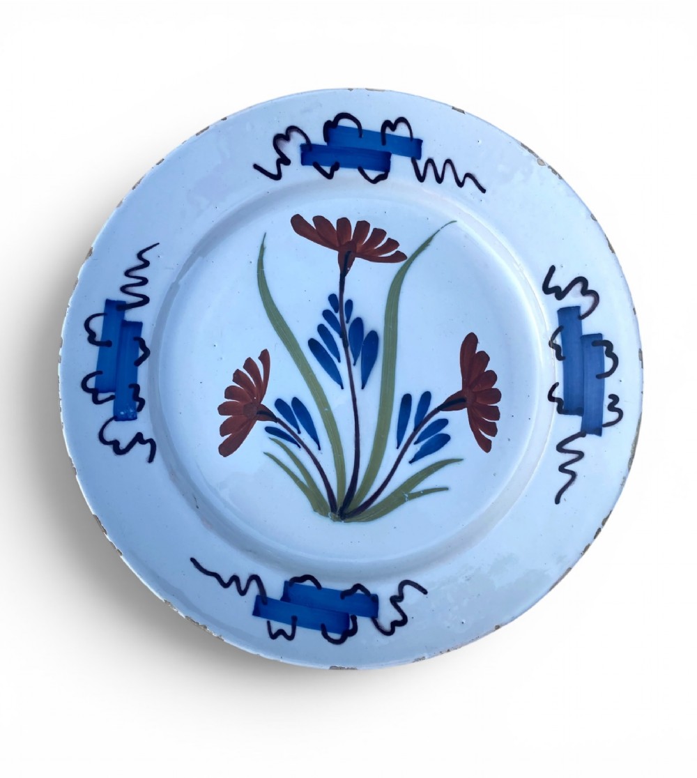London delft polychrome plate, c. 1740.