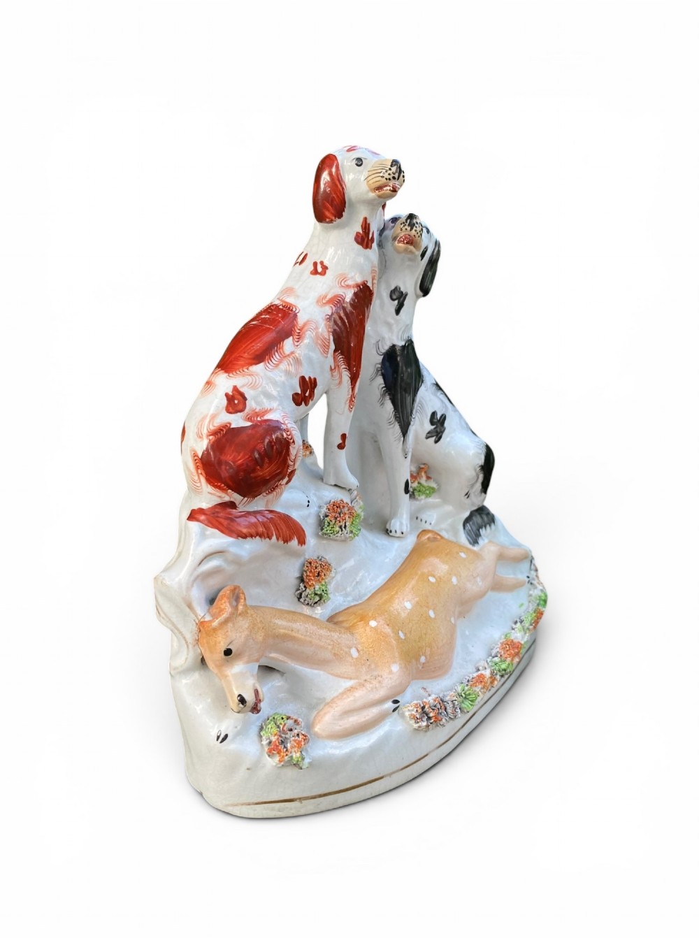 Staffordshire pottery hunting hounds group, c. 1850. View II