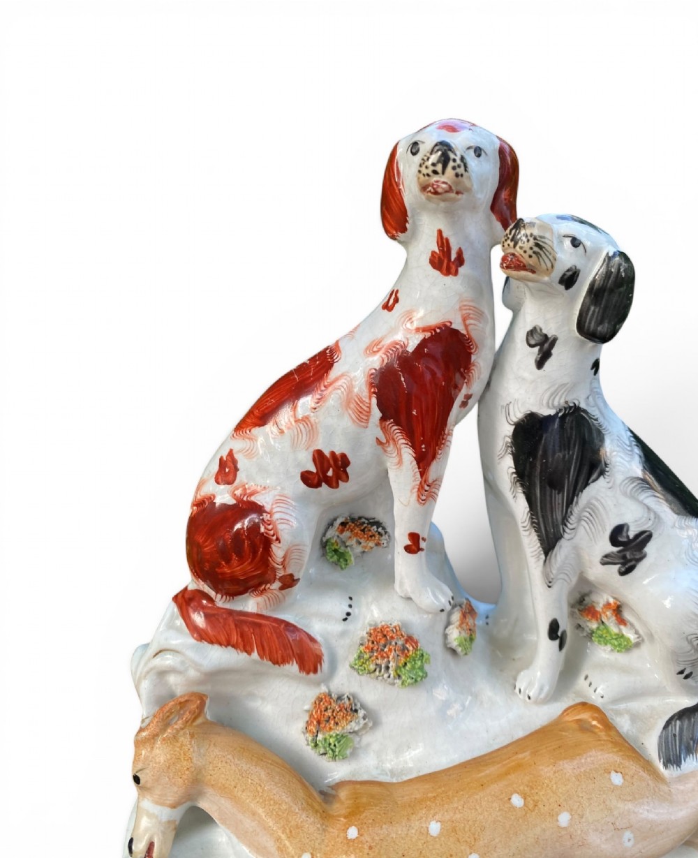 Staffordshire pottery hunting hounds group, c. 1850. View V