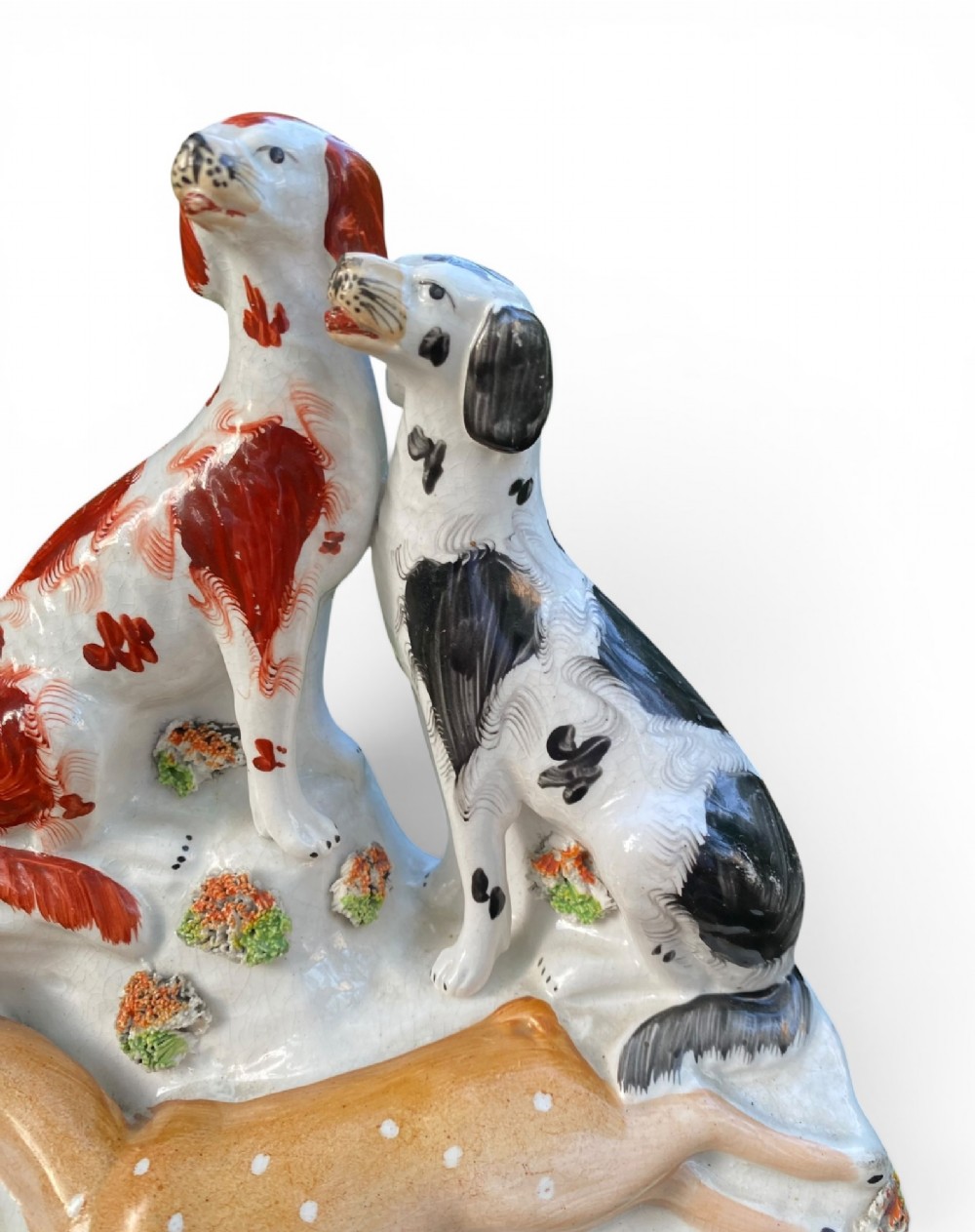 Staffordshire pottery hunting hounds group, c. 1850. View VI