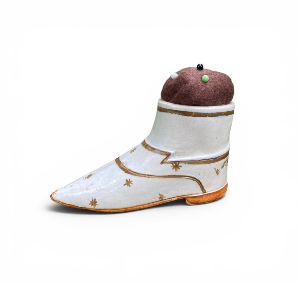 Prattware pottery shoe pin cushion, c. 1800.