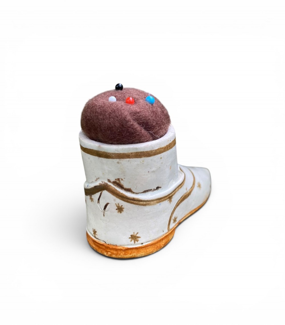Prattware pottery shoe pin cushion, c. 1800. View IV