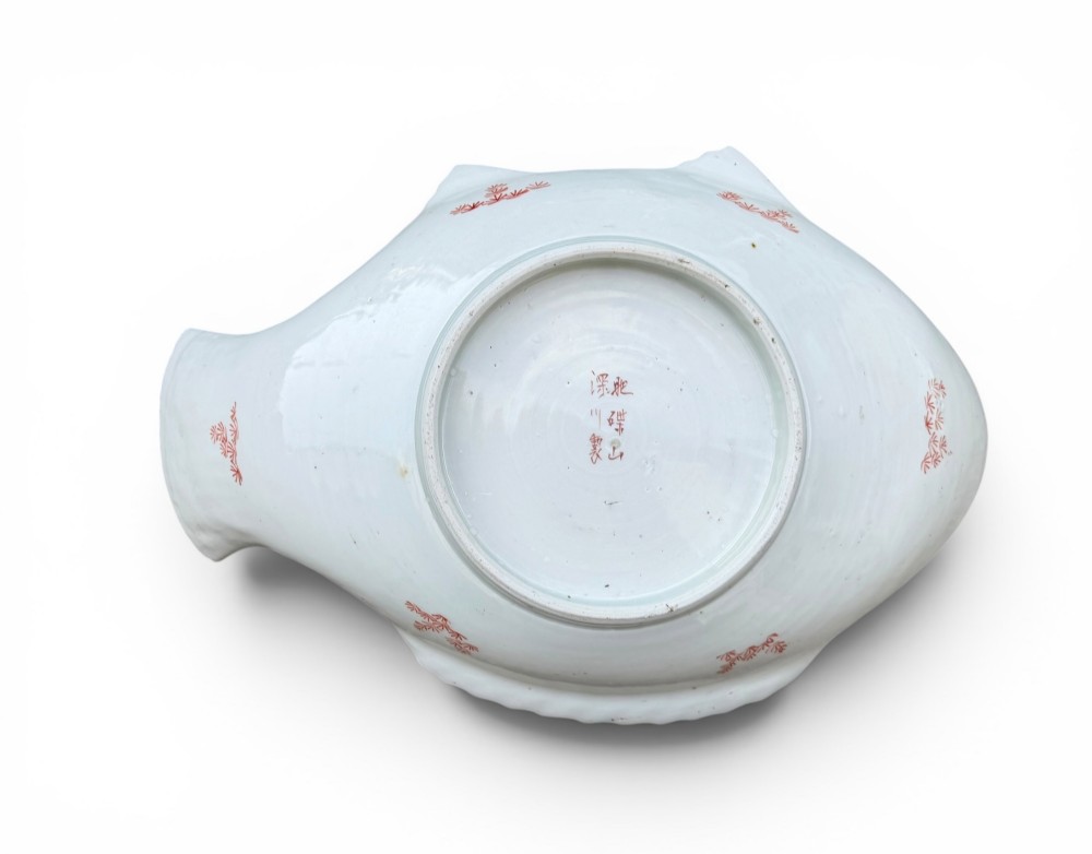 An antique Japanese Arita porcelain dish shaped like a fish with detailed orange hand-painted scales and fins. View VII