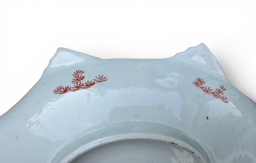 An antique Japanese Arita porcelain dish shaped like a fish with detailed orange hand-painted scales and fins. View IX