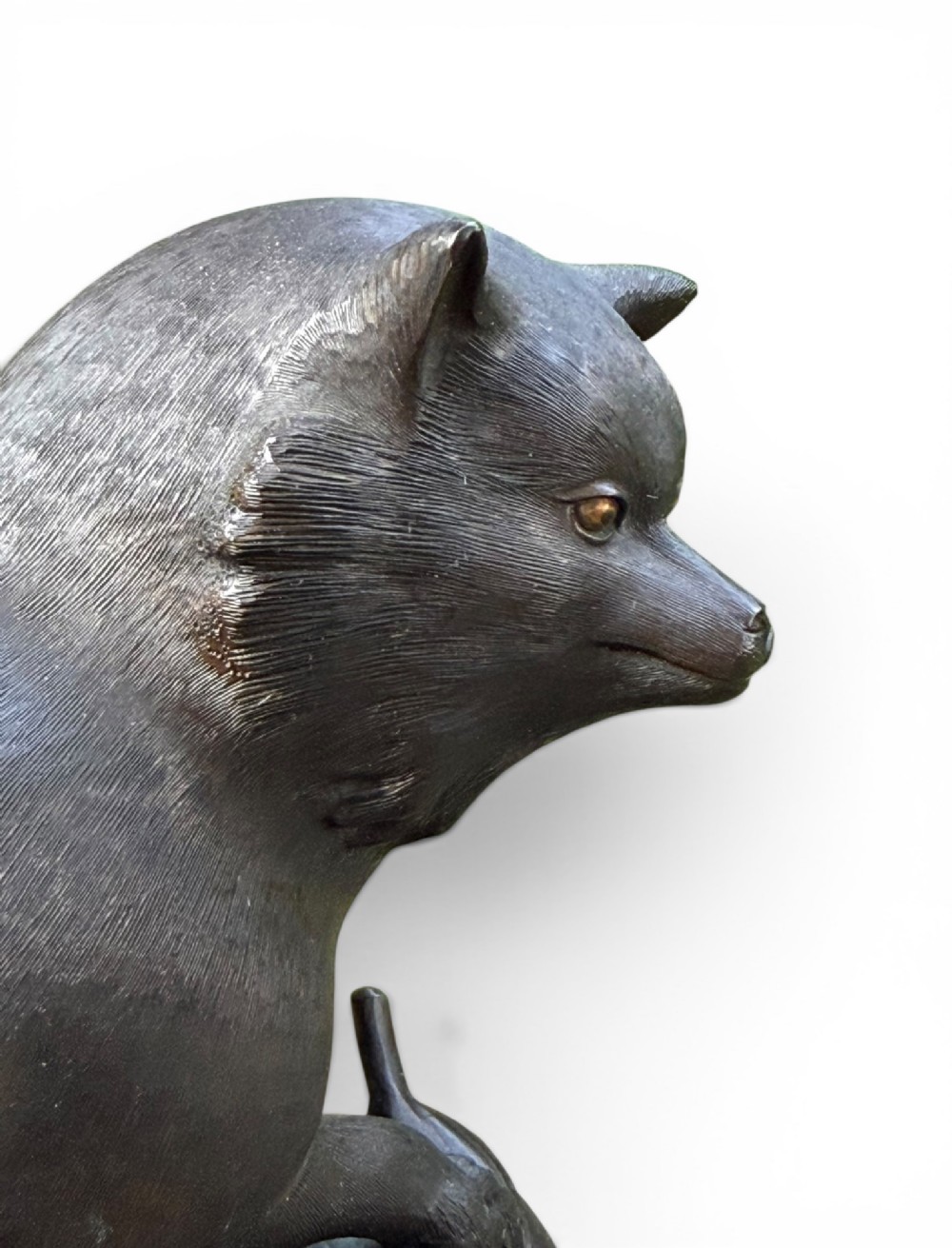 A Japanese bronze sculpture depicting a seated tanuki resting its paw on corn husks, featuring textured fur engraving and a dark patinated finish. View V
