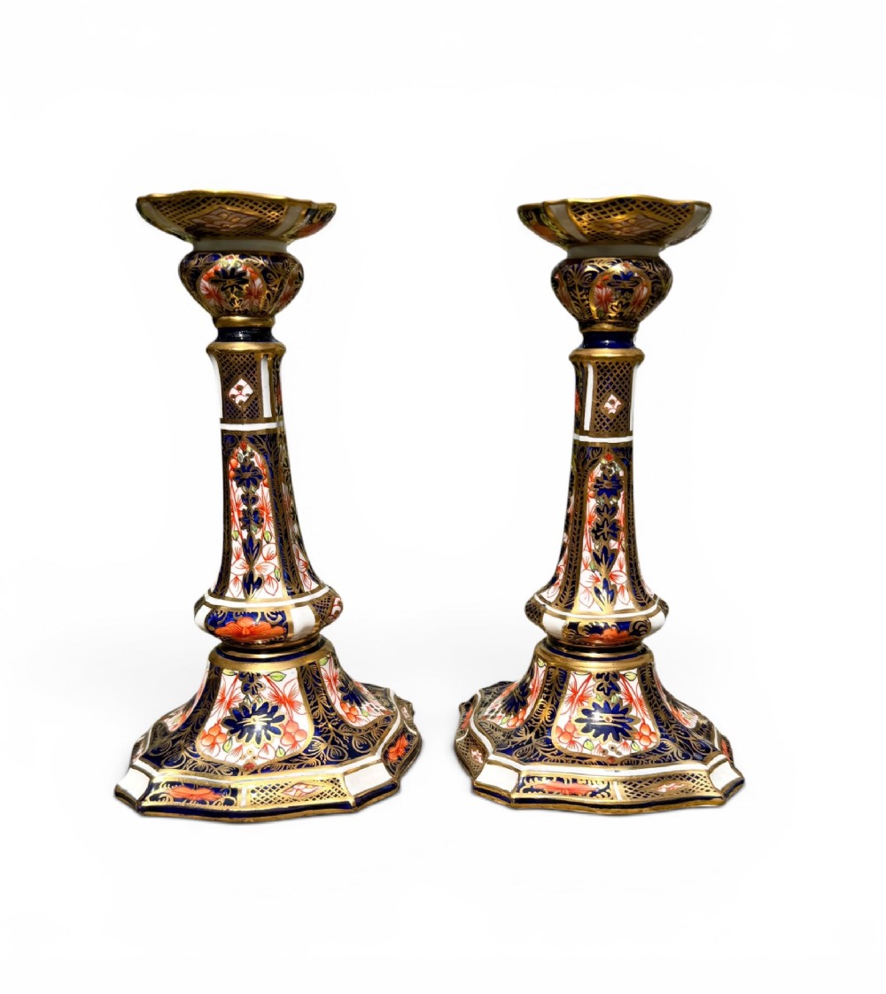 Royal Crown Derby candlesticks, Imari, dated 1919.