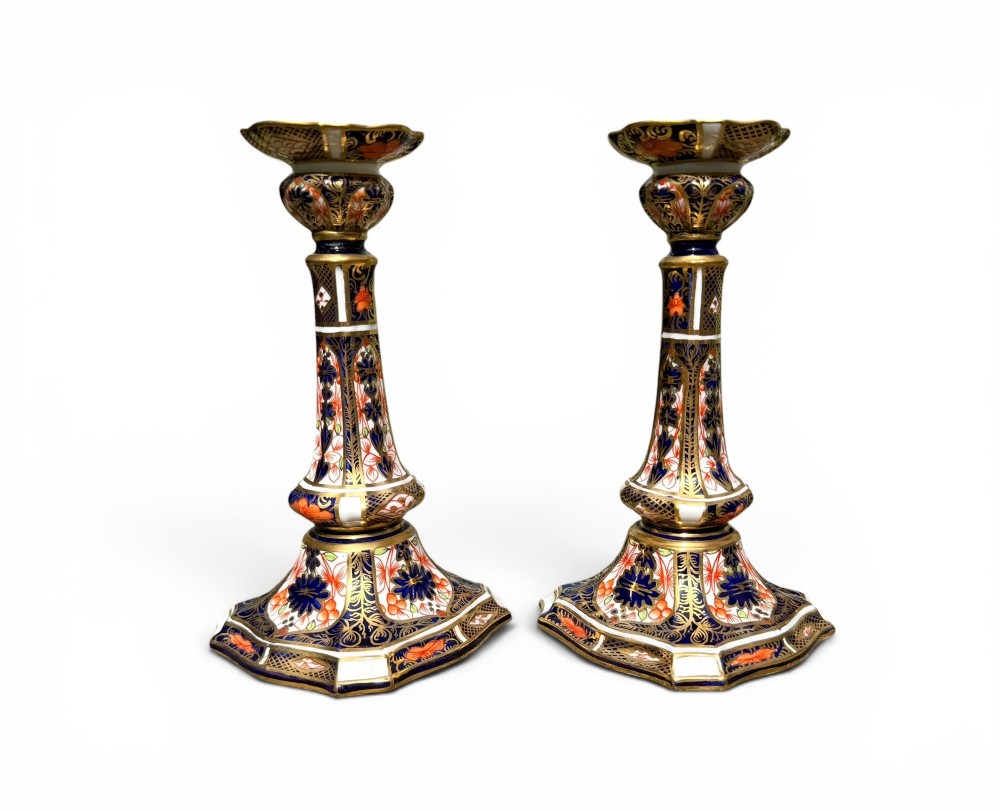Royal Crown Derby candlesticks, Imari, dated 1919. View II
