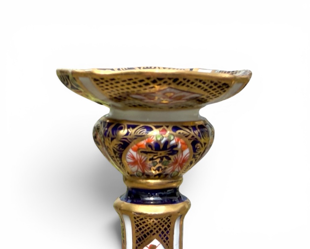 Royal Crown Derby candlesticks, Imari, dated 1919. View IV