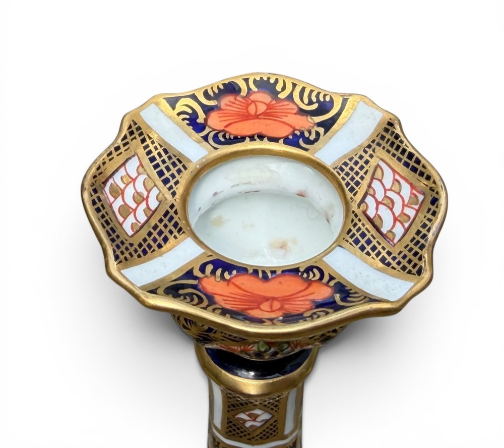 Royal Crown Derby candlesticks, Imari, dated 1919. View V