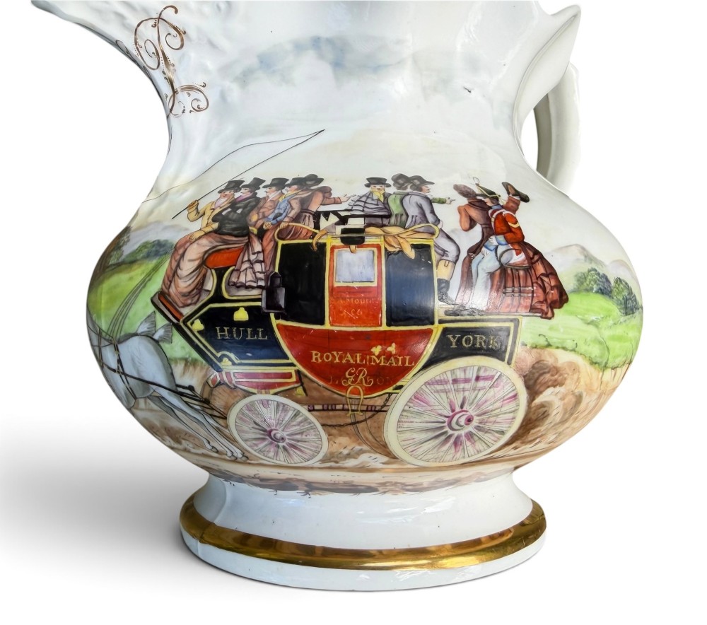 Coalport porcelain Hull to York Coaching jug, c. 1830. View VII