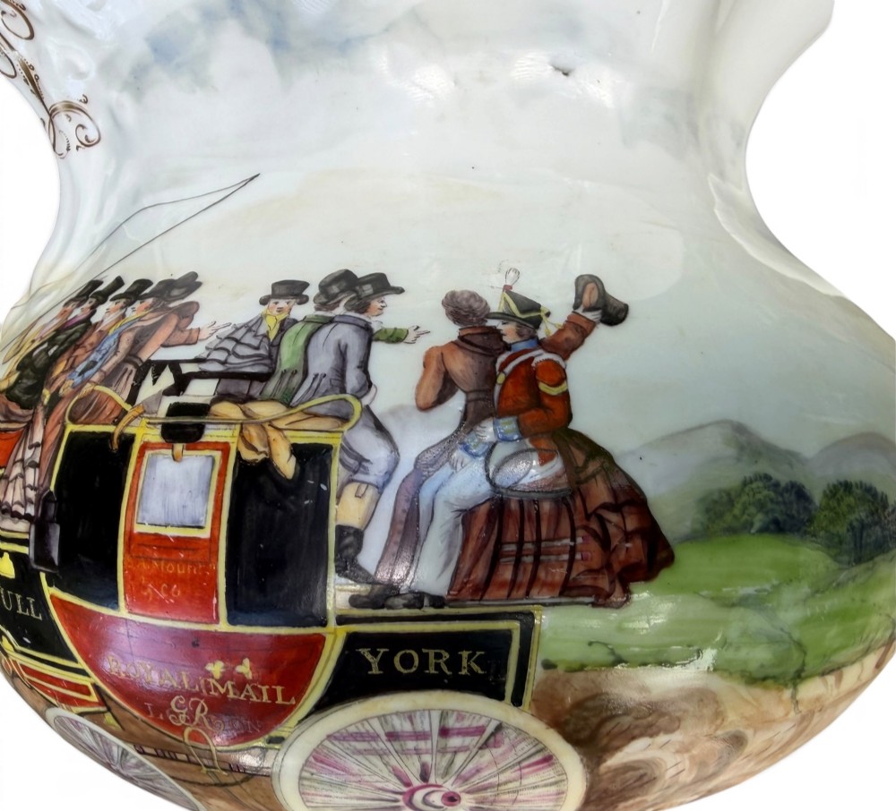 Coalport porcelain Hull to York Coaching jug, c. 1830. View IX