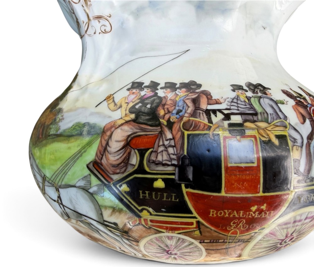 Coalport porcelain Hull to York Coaching jug, c. 1830. View X