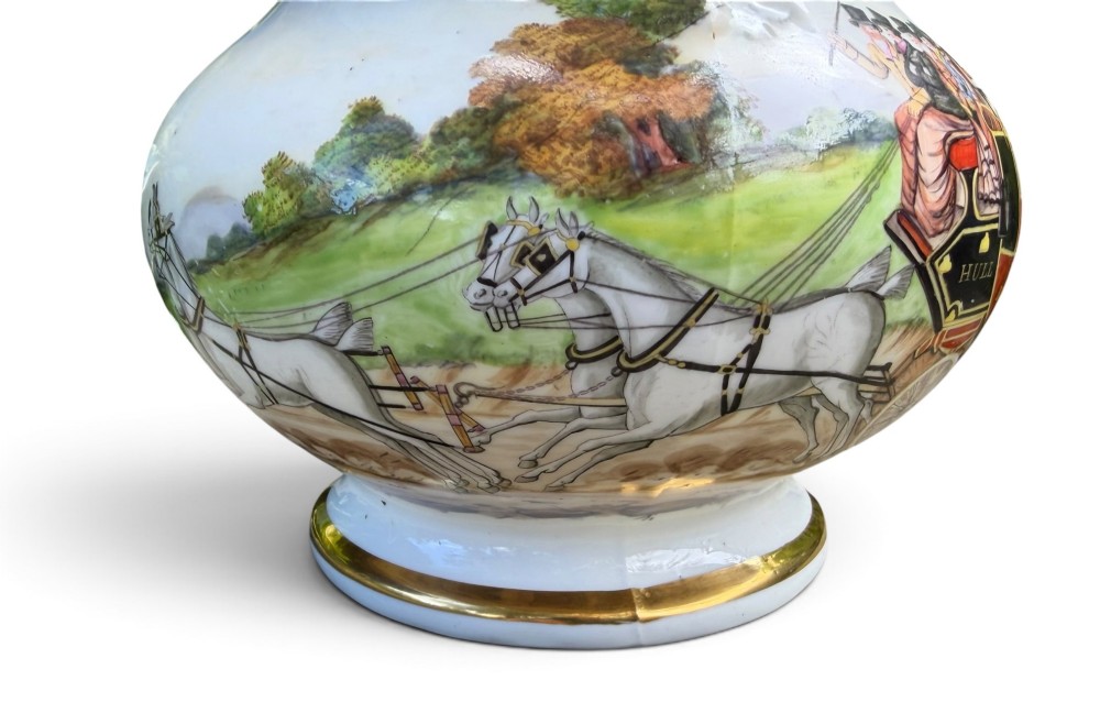 Coalport porcelain Hull to York Coaching jug, c. 1830. View XI