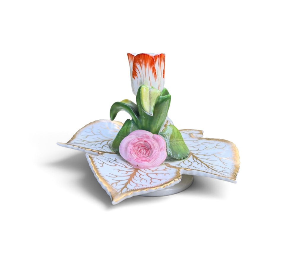 An English porcelain chamberstick designed as a leaf base with a central tulip-shaped candle sconce hand-painted in red, green, pink, and gold. View III