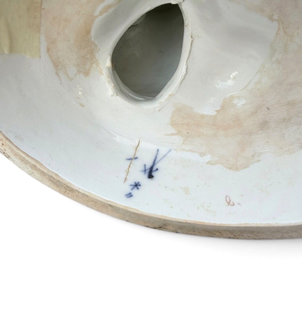 An eighteenth-century polychrome hard-paste porcelain figurine group depicting two classical figures and a cherub beside an overturned basket of eggs on a moulded fluted base. View XIV