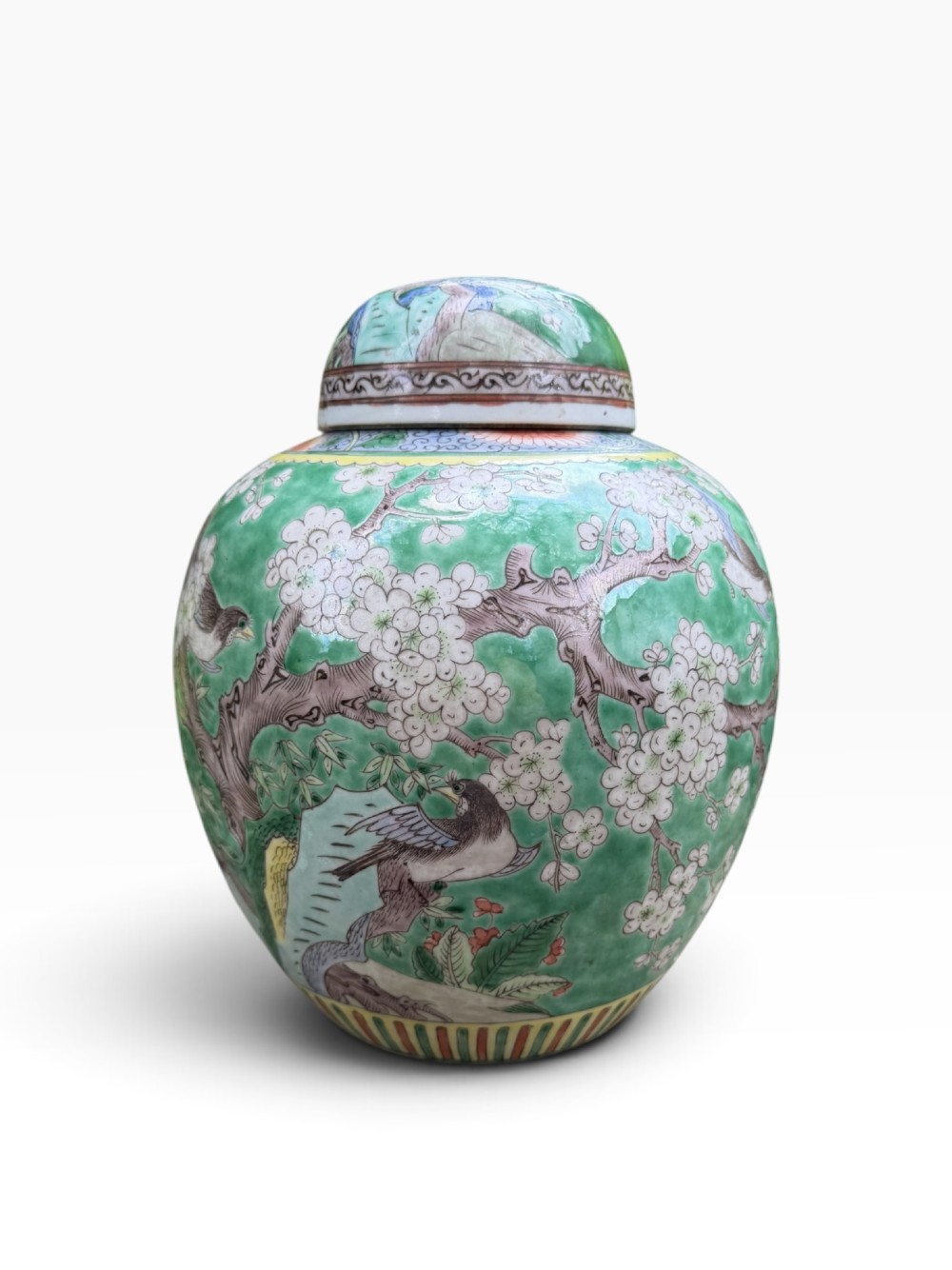 A 19th-century Chinese porcelain ginger jar with a matching domed cover, decorated with hand-painted birds and white blossoms on a green background. View II