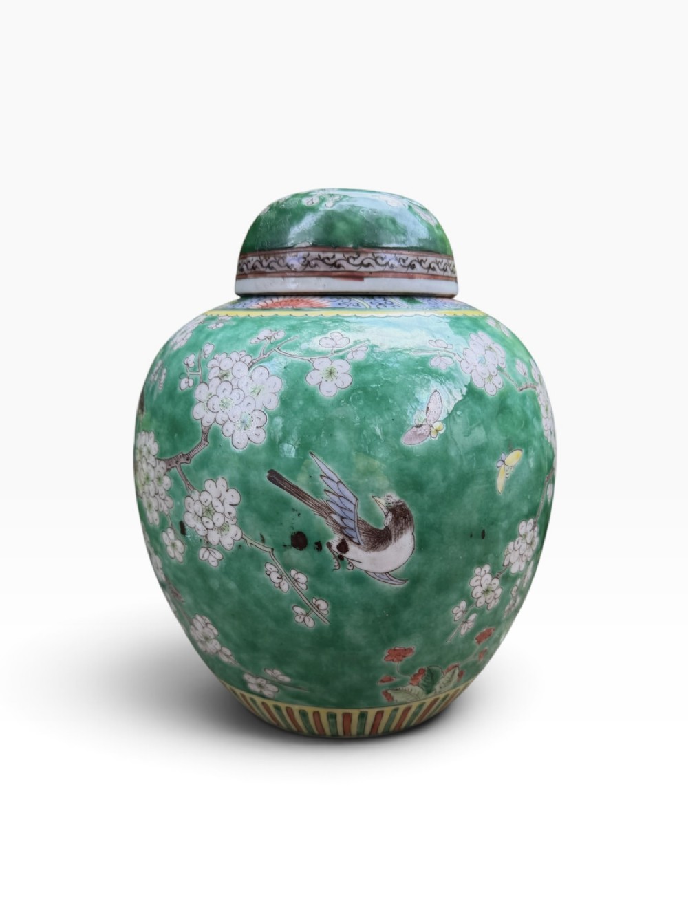 A 19th-century Chinese porcelain ginger jar with a matching domed cover, decorated with hand-painted birds and white blossoms on a green background. View V