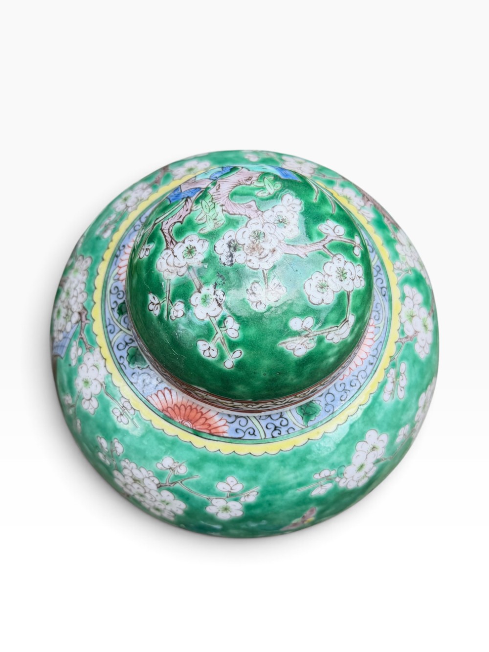 A 19th-century Chinese porcelain ginger jar with a matching domed cover, decorated with hand-painted birds and white blossoms on a green background. View VI