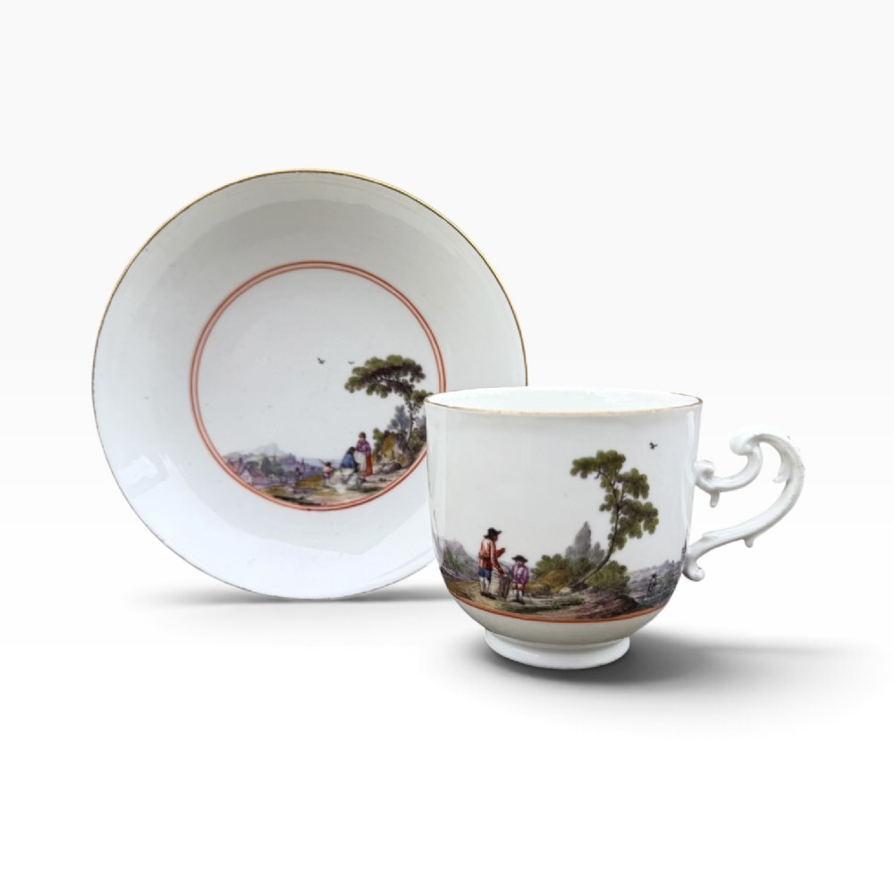 Meissen porcelain Harbour scene cup & saucer, c. 1740.