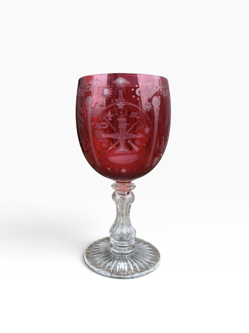 A large Masonic cranberry glass, English, c. 1880.