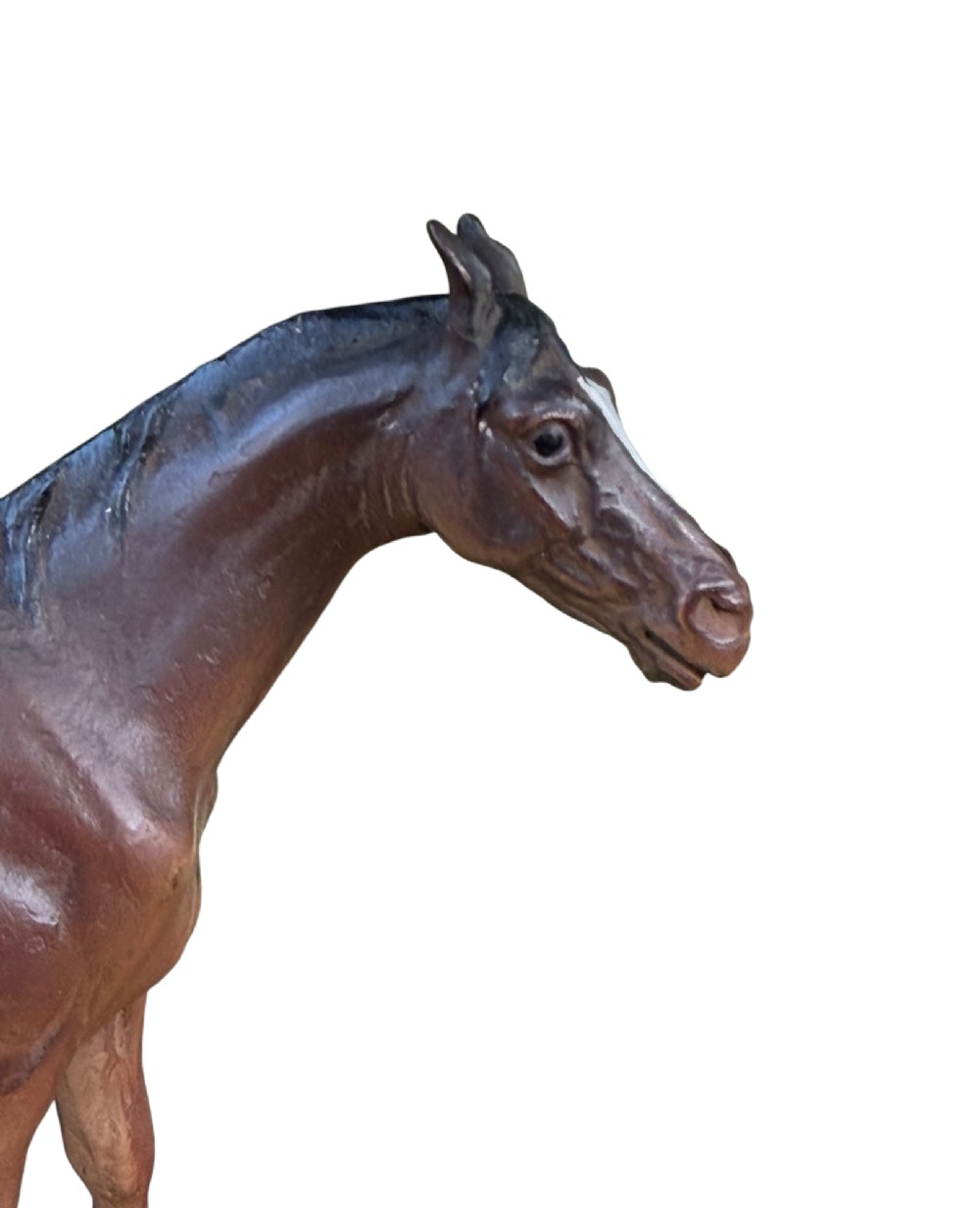 An antique Austrian cold-painted bronze figurine depicting a standing brown horse with a black mane and tail. View VI