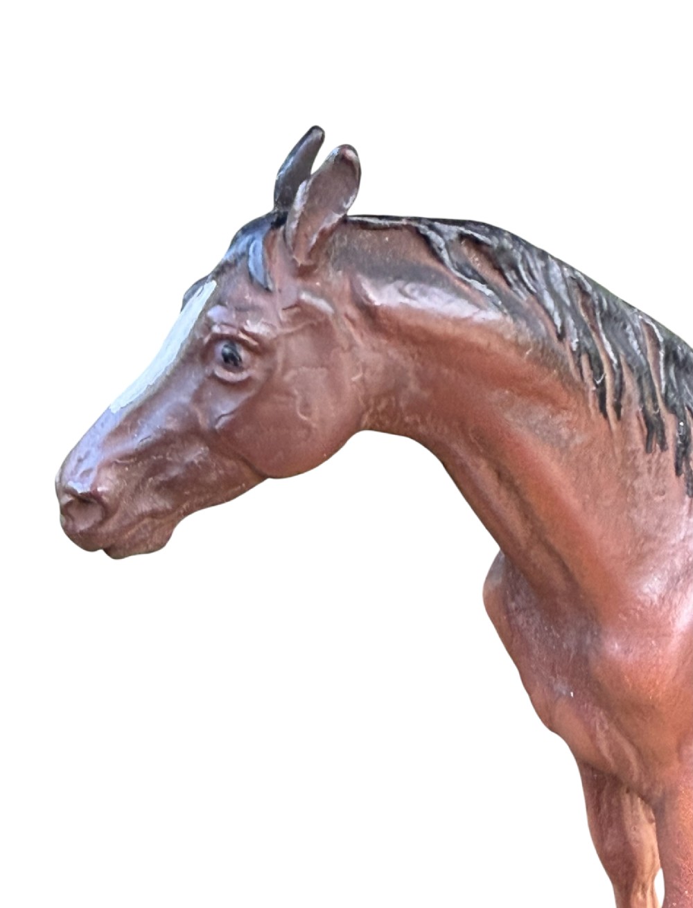 An antique Austrian cold-painted bronze figurine depicting a standing brown horse with a black mane and tail. View VII