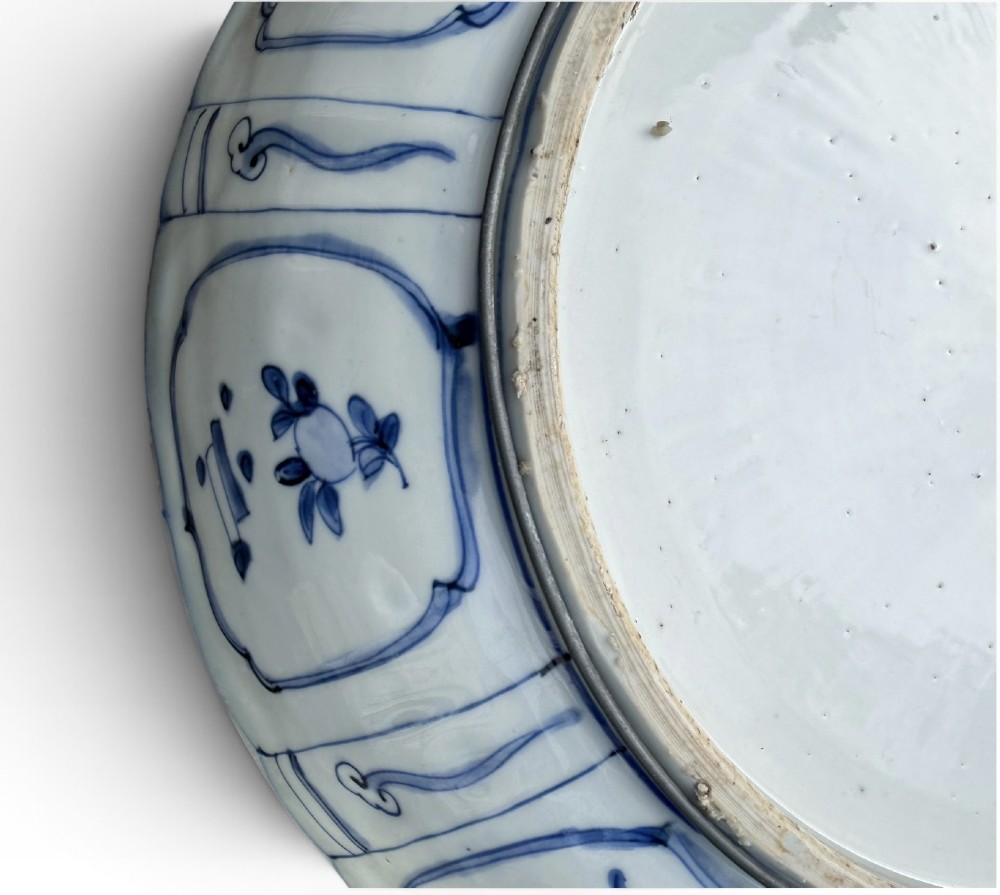 An antique Chinese Kraak porcelain dish featuring underglaze cobalt blue decoration, a central roundel with waterfowl, and a lobed border with radiating panels. View VIII