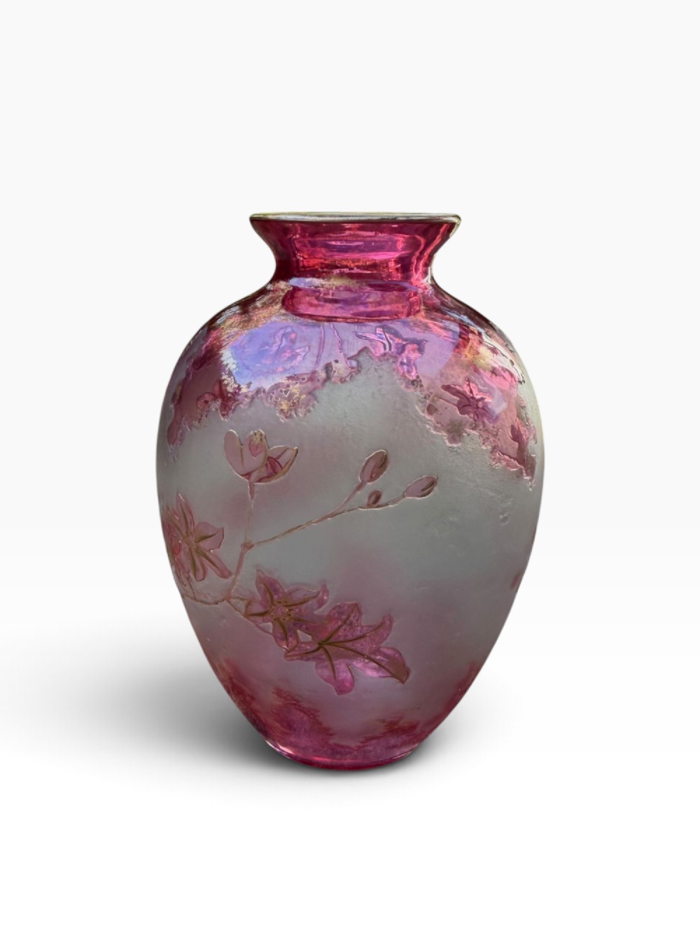 A Bohemian acid-etched pink and frosted white glass vase featuring botanical leaf motifs and a flared neck. View IV