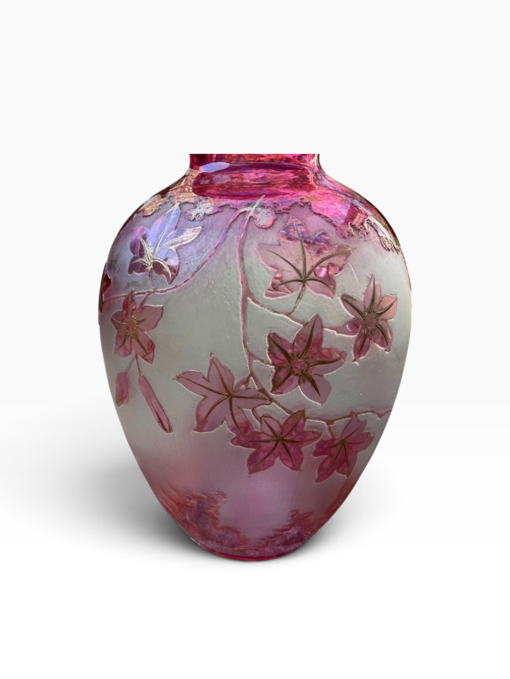 A Bohemian acid-etched pink and frosted white glass vase featuring botanical leaf motifs and a flared neck. View VII
