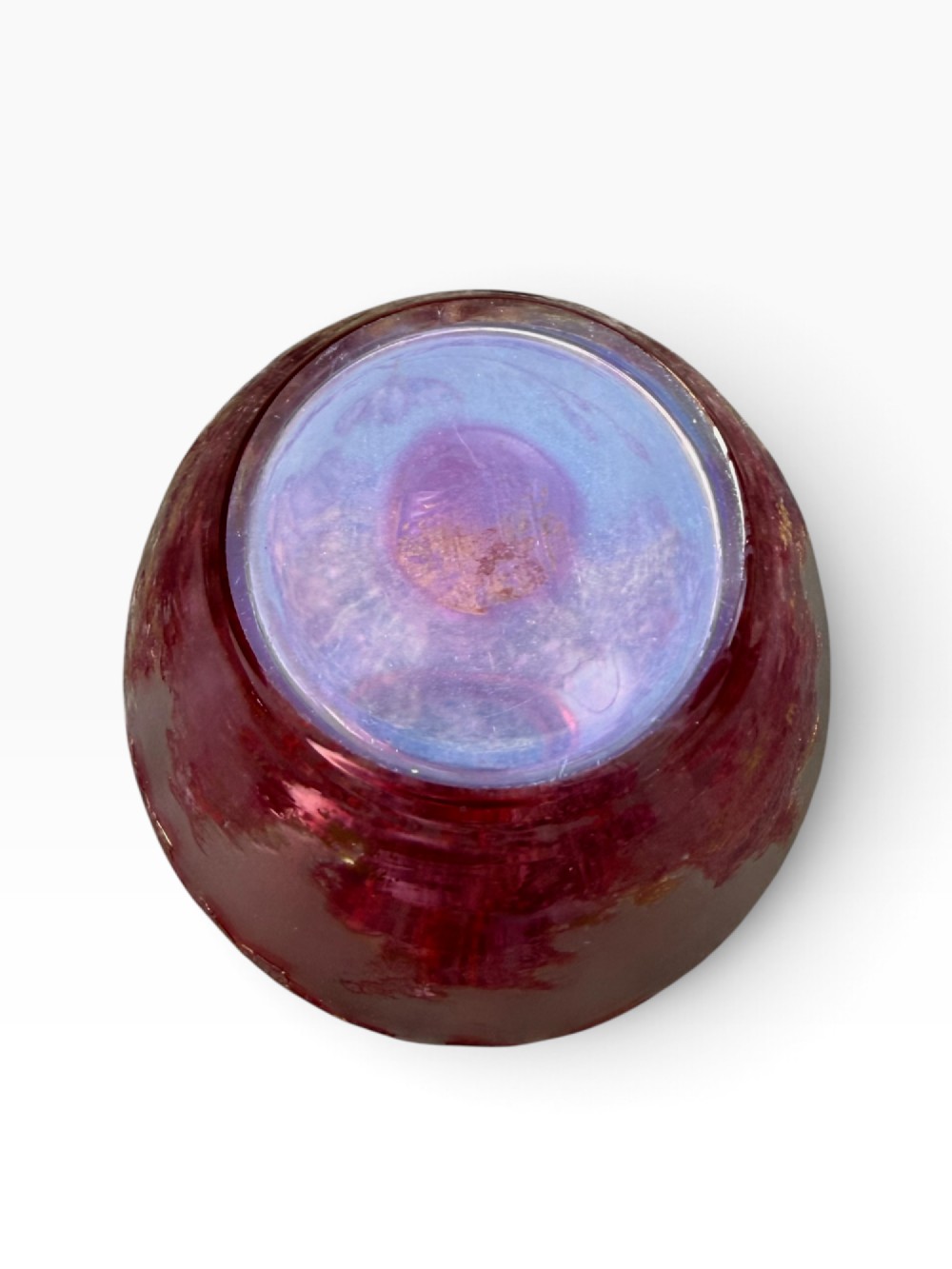 A Bohemian acid-etched pink and frosted white glass vase featuring botanical leaf motifs and a flared neck. View VIII