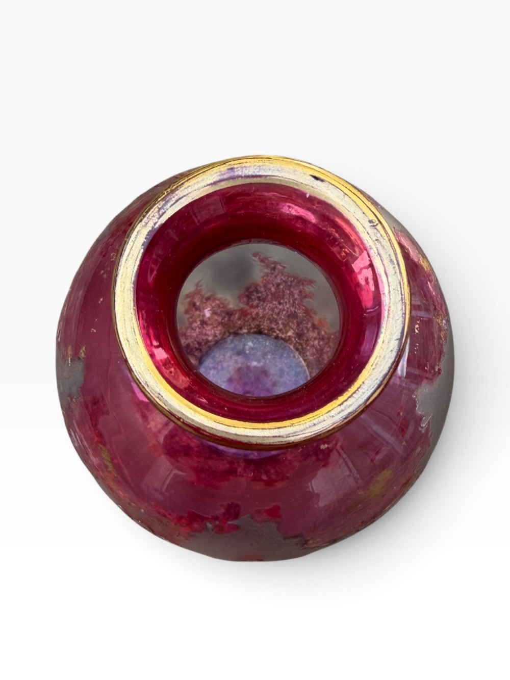 An Art Nouveau glass vase displaying a frosted gradient body from deep crimson red to soft pink, decorated with acid-etched gilt foliage. View V