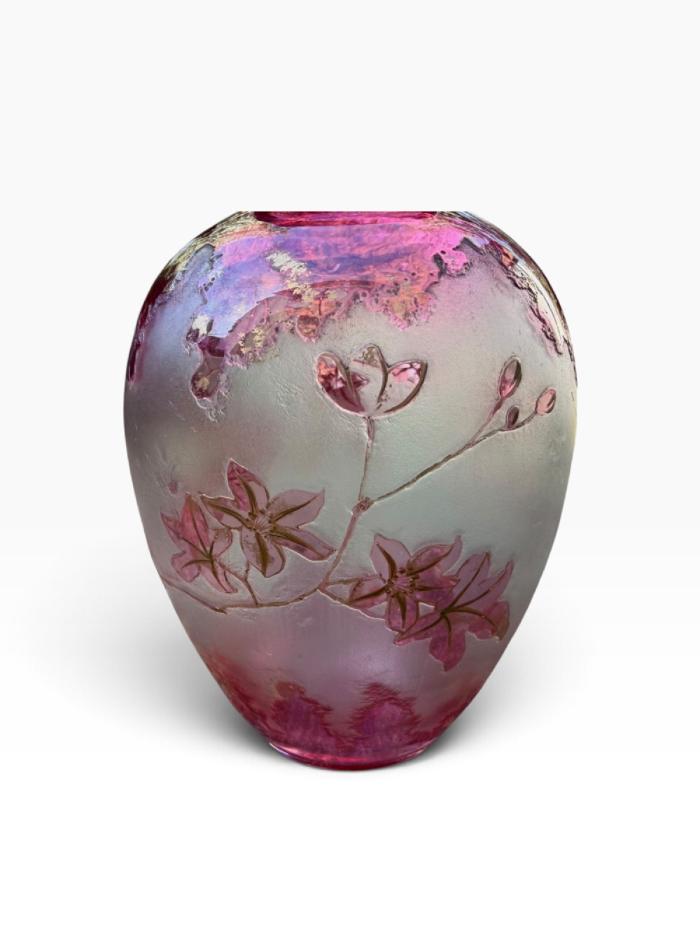 An Art Nouveau glass vase displaying a frosted gradient body from deep crimson red to soft pink, decorated with acid-etched gilt foliage. View VI
