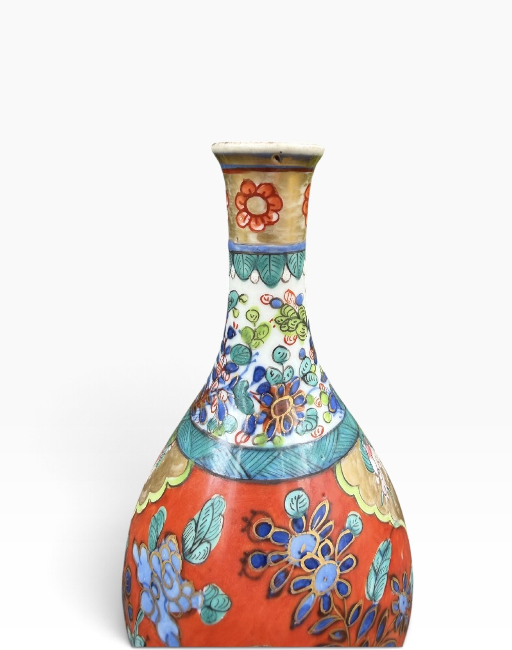 An antique pear-shaped Chinese clobbered porcelain vase featuring floral patterns in red, blue, green, and gold enamel. View III