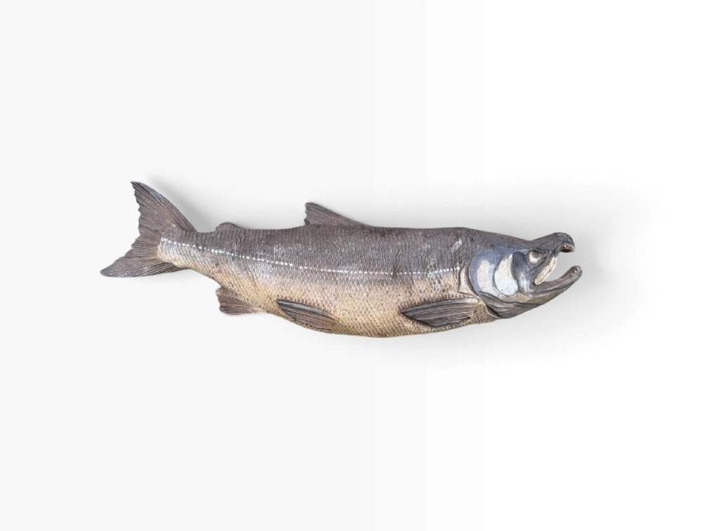 Carved wood salmon okimono, Shuho Nakahara, Japan, c. 1935.