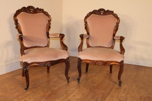 Pair of Victorian Carved Rosewood Armchairs