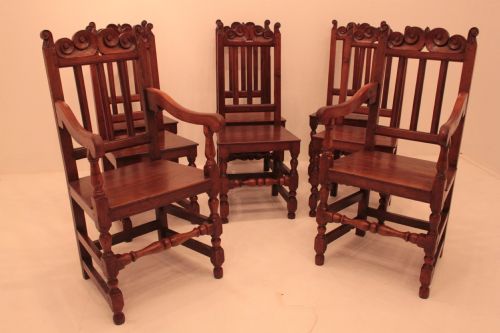 Set of 8  (6 + 2) Carved Oak Country Chairs