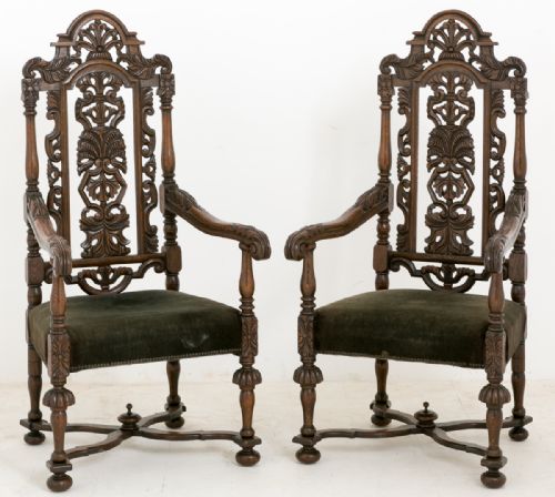 Pair of Cromwellian Style Oak Carver Chairs