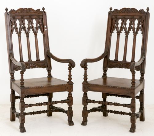 Pair of Oak Gothic Style Arm Chairs