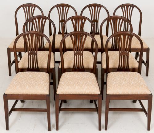 Set of 10 Mahogany Hepplewhite Influenced Dining Chairs