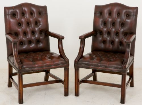 Matching Pair of Deep Buttoned Leather Gainsborough Chairs