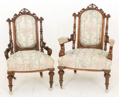 Pair of Victorian Walnut His and Hers Salon Chairs