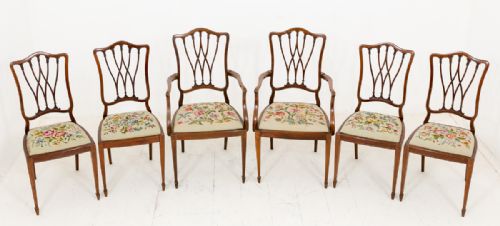 Very Pretty Set of 6 Sheraton Revival Inlaid Mahogany Dining Chairs