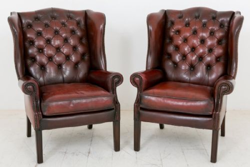 Pair of Leather Deep Buttoned Wing Chairs