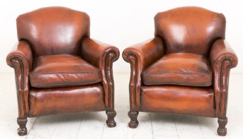 Superb Pair of Leather Club Chairs